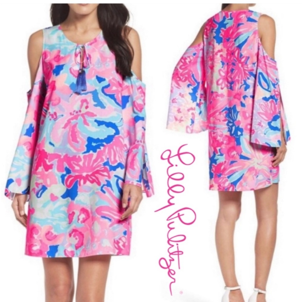 Lilly Pulitzer Benicia tunic cold shoulder tassel dress Playa Hermosa floral S